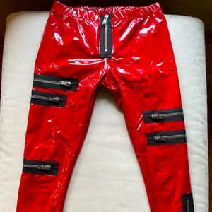 red “leather” zip up pants